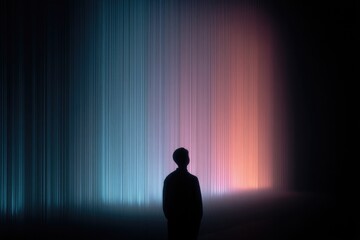 lone human figure absorbed in digital device before limitless screen of binary codes in vivid hues