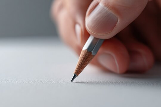 lone hand grips sleek pencil poised to sketch upon stark white page with ample copy space