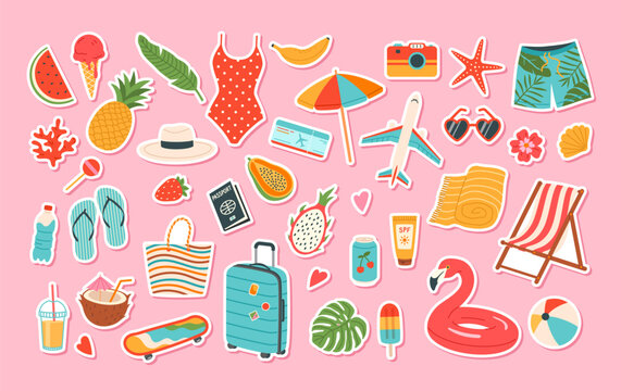 Cartoon set of summer with icons and stickers. Collection flat elements for vacation, beach holiday and summer time concept. Hand drawn trendy items, signs for daily planner, scrapbooking, print