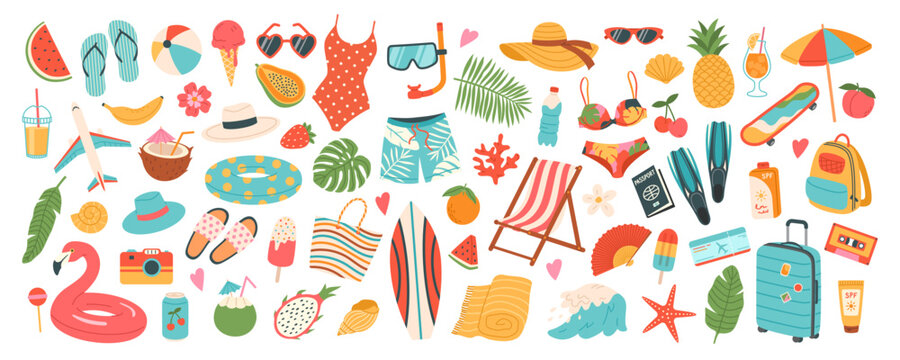 Cartoon set of summer with icons and stickers. Collection flat elements for vacation, beach holiday, weekend and summer time concept. Hand drawn modern items, signs for card, scrapbooking, print