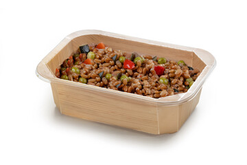 A biodegradable wooden food container filled with a colorful mix of grains, peas, red bell peppers, and zucchini. The dish looks fresh, healthy, and ready to eat, emphasizing eco-friendly packaging