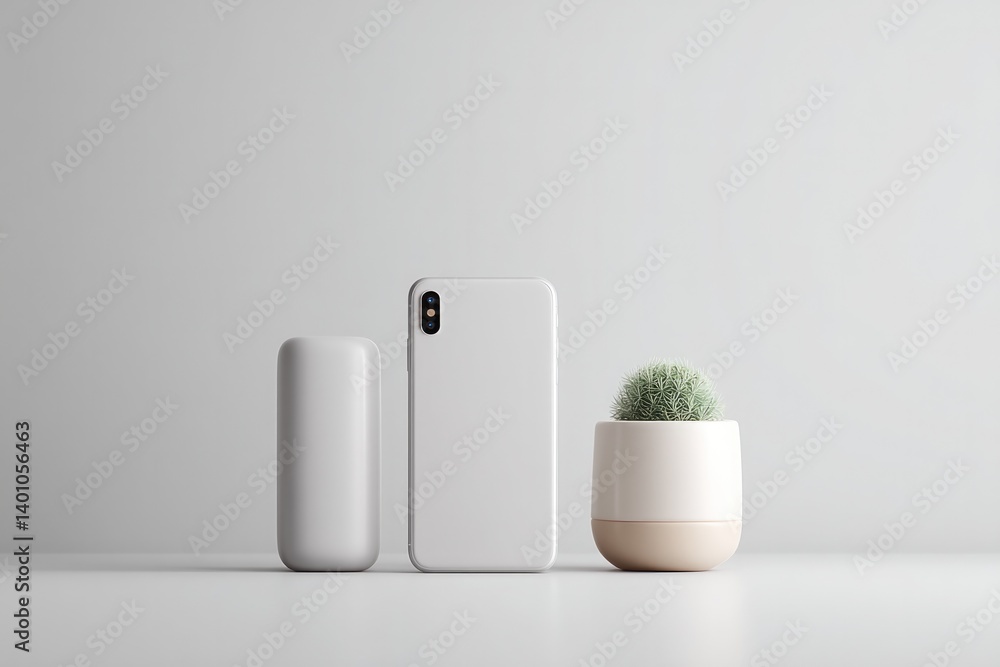 Poster minimalist setup shows variety of digital devices arranged against plain backdrop with room for copy