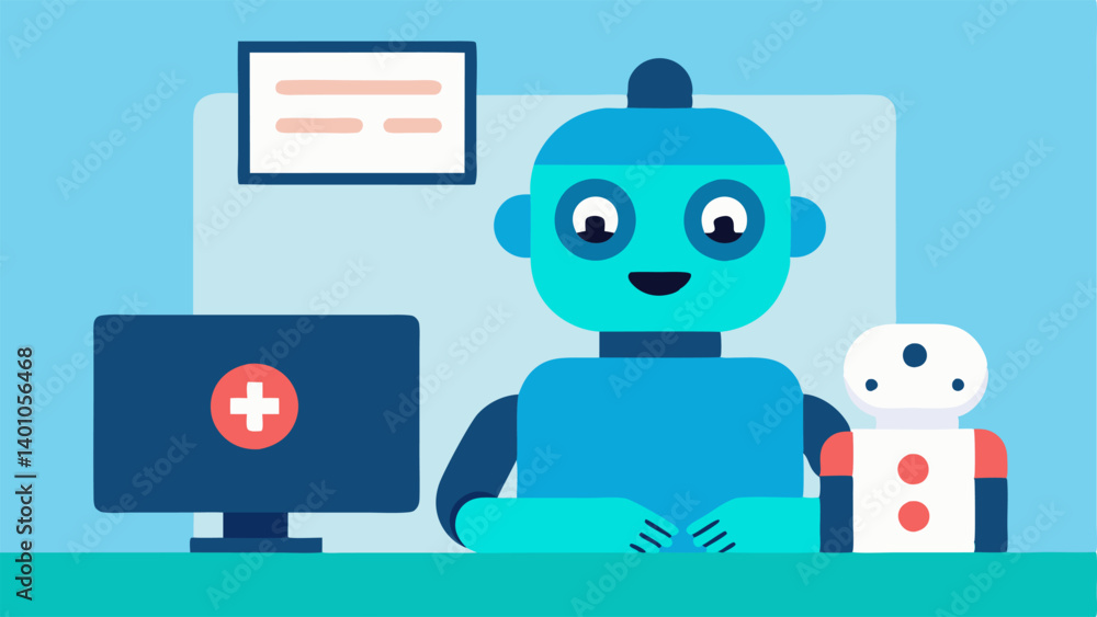 Poster robotic consultation a friendly robot sitting at a desk interacting with a patient and showing empat