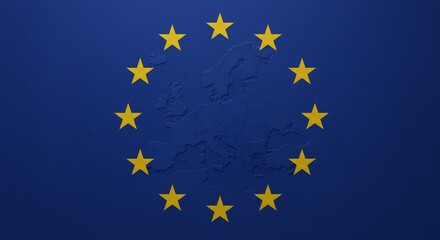 The flag of the European Union, with its iconic circle of twelve golden stars on a deep blue background. The stars represent unity, solidarity, and harmony among the peoples of Europe