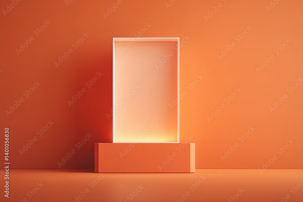 Aufkleber minimalistic mockup with empty frame standing against vibrant colored background illuminated by stud
