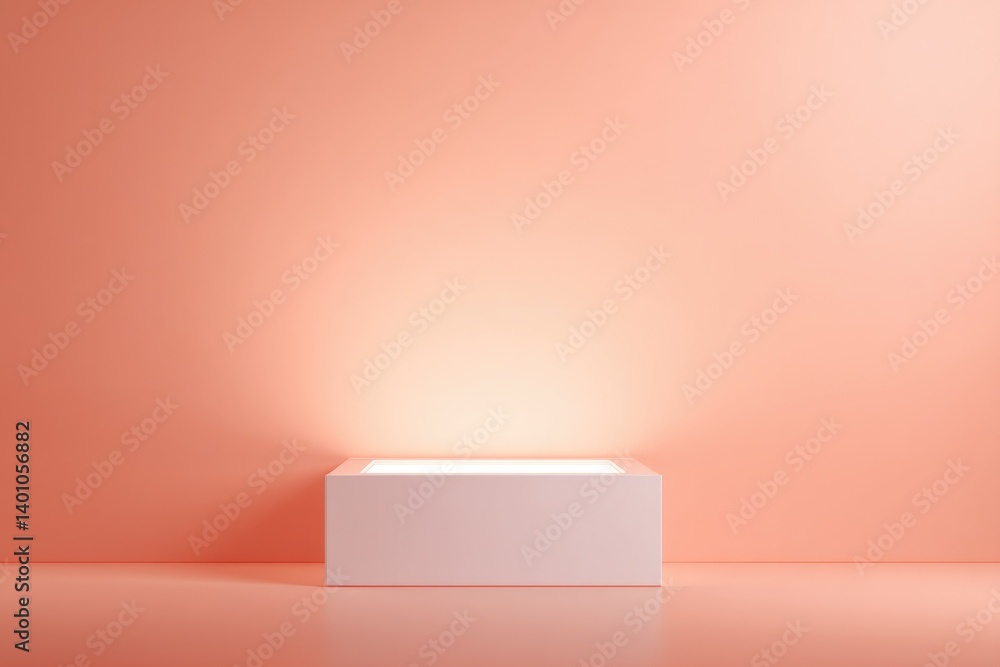 Poster minimalistic podium is subtly illuminated against smooth solid color background