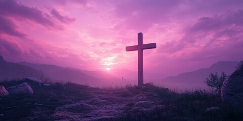 Sunset view with cross silhouette against purple sky in serene mountain landscape
