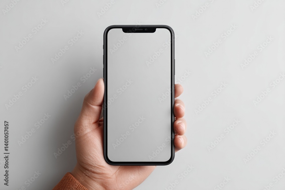 Poster person holding smartphone with blank screen symbolizing digital dependency