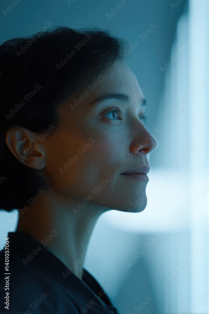 Poster person in clean futuristic workspace with holographic interface symbolizing neural-based creative ed