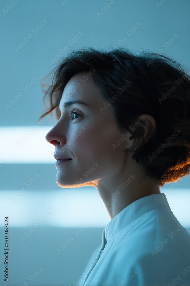 Poster person in clean futuristic workspace with holographic interface symbolizing neural-based creative ed