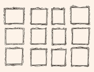 Set of Twelve Hand Drawn Square Frames  Black and White Sketch Doodle Borders with Rough Scribbled Lines Isolated on Light Background