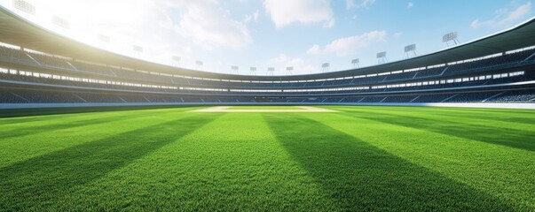 A 3D render of a cricket stadium with a lush green field and a cricket pitch, set against a blank white background, emphasizing the sports architecture and game features.