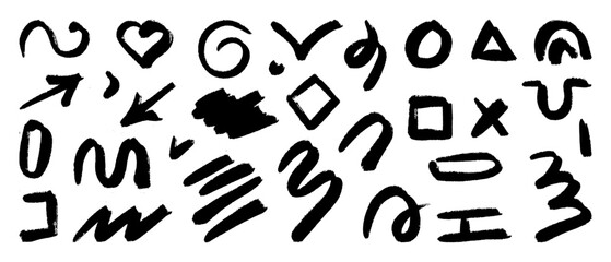 A set of hand-drawn textured abstract shapes and symbols, including hearts, arrows, geometric shapes and doodles made with black brush strokes on a white background.