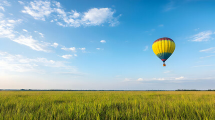Obraz premium Colorful Hot Air Balloon Over Lush Green Field Under Sunny Sky