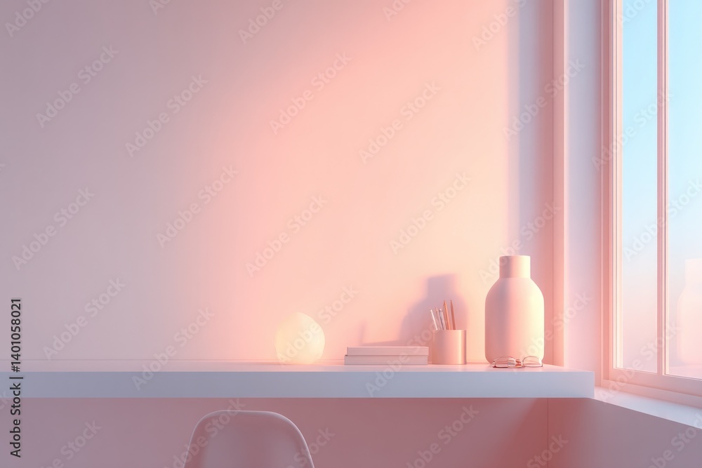 Poster serene minimalistic workspace in soft pastel colors emphasizing creativity and tranquility