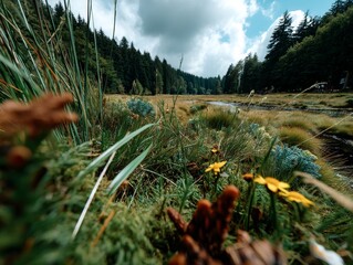 Tranquil Meadow Scene by a Serene Creek Nature Photography Lush Landscape Daytime Close-Up View