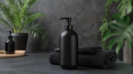 Relaxing spa treatment black bottle and towels in a serene bathroom setting elegant product photography calm environment minimalist viewpoint