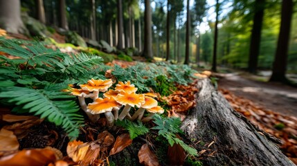Cluster of Vibrant Orange Mushrooms Enchanted Forest Nature Photography Autumn Leaves Ground Level Fungal Diversity