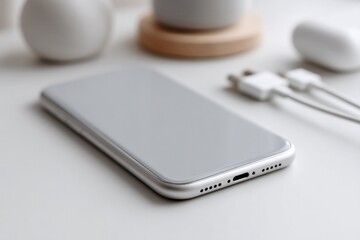 smartphone lies on plain white desk surrounded by charging cables and digital gadgets symbolizing digital dependence