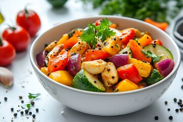 Bowl of Stir-Fried Chicken Masala with Vegetables on White Background – Spicy, Flavorful Indian Dish
