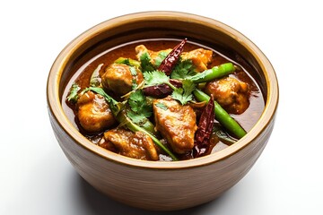 Bowl of Stir-Fried Chicken Masala with Vegetables on White Background – Spicy, Flavorful Indian Dish