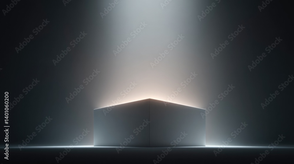 Poster stark minimalistic empty podium with dramatic volumetric lighting casts soft shadows in spacious bac