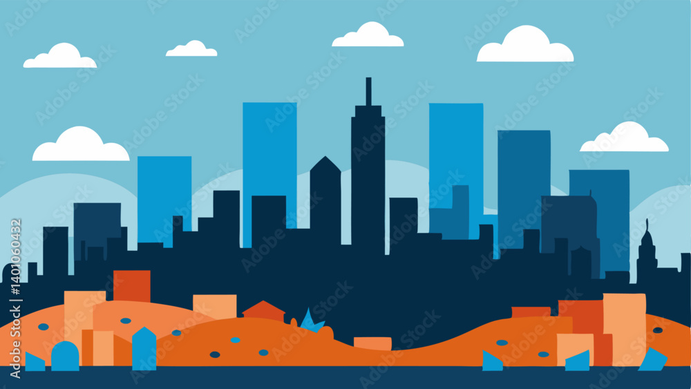 Poster landfill skyline an showing a skyline of a city in the background contrasted with a large towering l