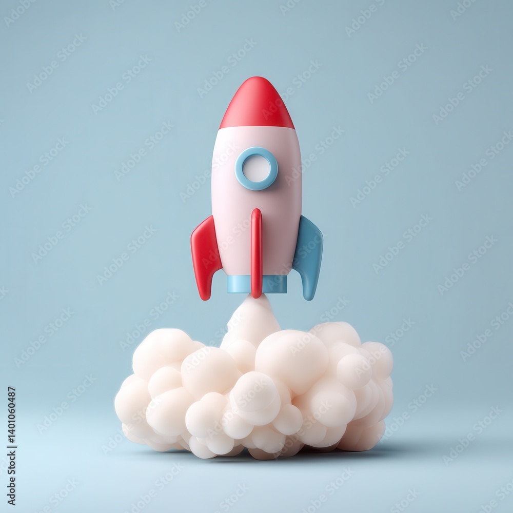 Poster rocket launching into space studio setup 3d render minimalistic background close-up view innovation 
