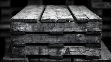 Stack of Weathered Wooden Planks in Black and White