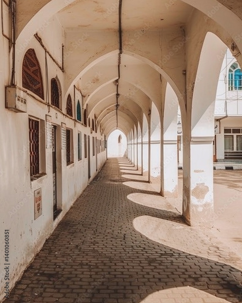Poster serene walkway under arched architecture, showcasing light and shadow play in a quiet setting