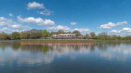 Obraz premium A tranquil lake reflecting a building and its surrounding environment