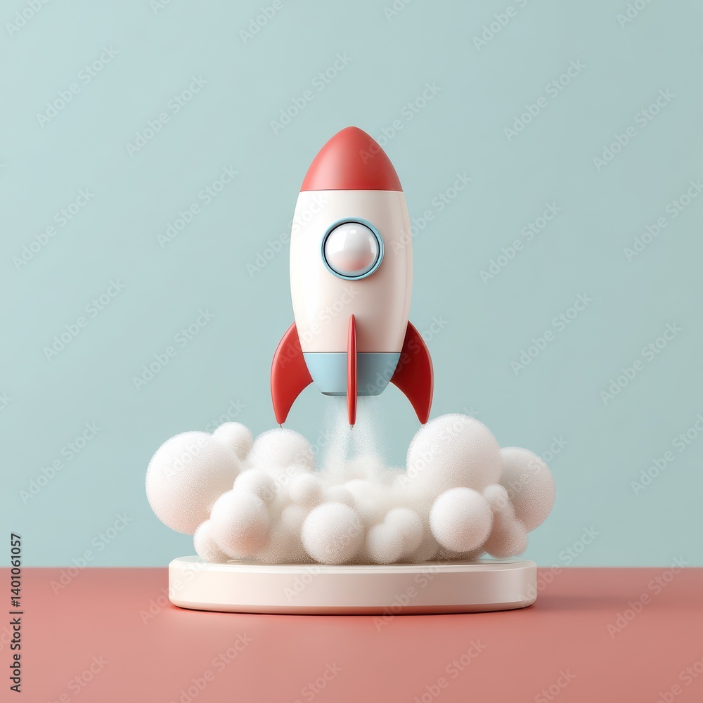 Poster launch retro rocket studio 3d render playful atmosphere close-up view innovation concept