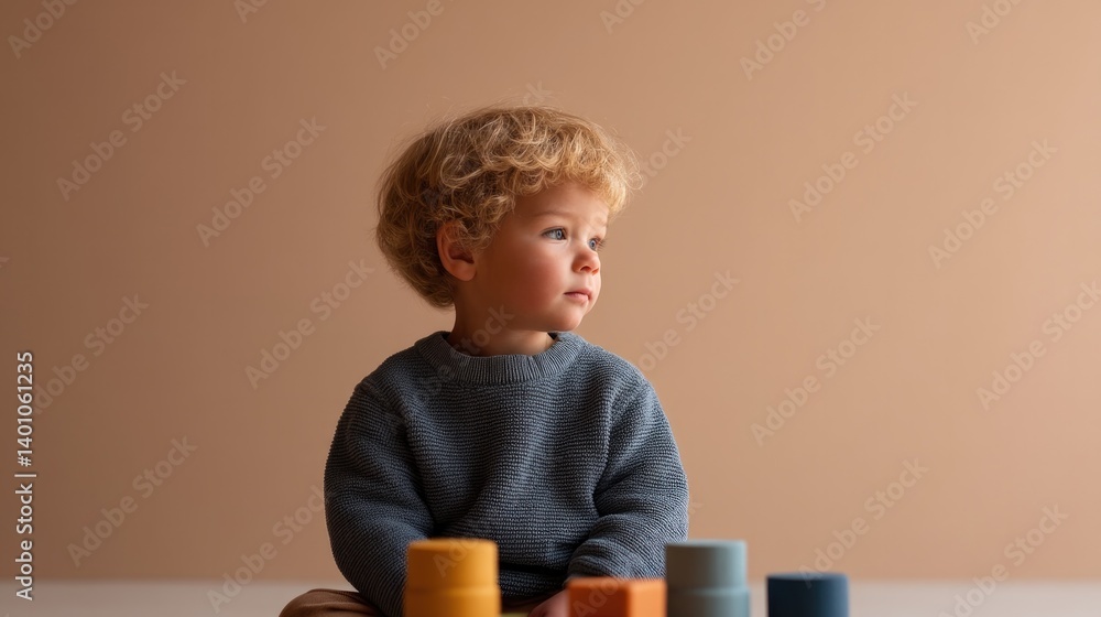 Poster young child sits on floor focused on assembling colorful blocks minimalistic setting