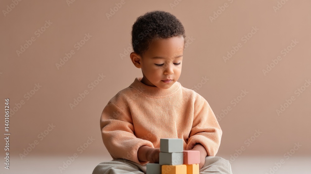 Poster young child sits on floor focused on assembling colorful blocks minimalistic setting