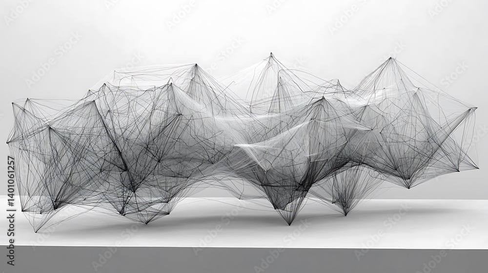 Poster abstract grayscale image of a complex, interconnected network resembling a mountain range or neural 