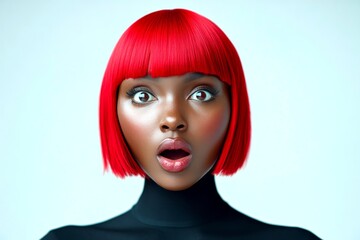 Fototapeta premium Short hairdo - red hair. Commercial marketing idea. Gorgeous very astounded black girl - for ads, media and digital marketing use. Black girl trends. African short hair. Black model fashion.