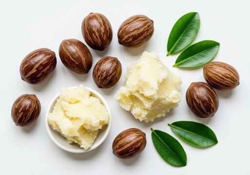 Whole shea nuts with creamy shea butter and green leaves on a minimal white background in bright lighting