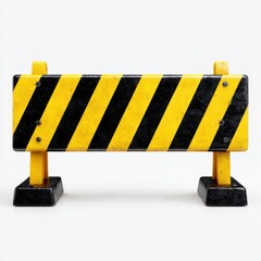 Close up of a yellow and dark striped barricade isolated on white background