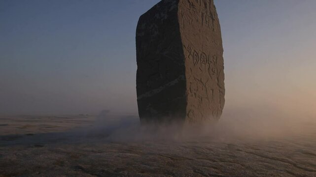 Mystical monolith in misty landscape, enigmatic structure emerging through fog in surreal terrain