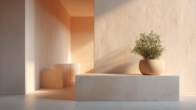 capture elegant minimalistic scene showcasing elements of biophilic design focusing on simplicity and order