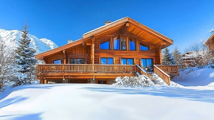 A majestic wooden chalet nestled in a snow-covered mountain landscape, bathed in sunlight