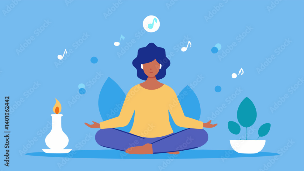 Poster relaxation techniques an image of a serene individual meditating in a tranquil setting with elements