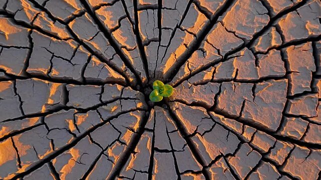 Young sprout growing in dry cracked desert soil, symbol of hope and resilience