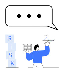 Stack of blocks spelling RISK, individual holding book while drawing a graph, and speech bubble representing communication. Ideal for risk management, problem-solving, strategy, decision-making