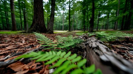 Fototapeta premium Lush Green Ferns Growing on Forest Floor Woodland Nature Photography Tranquil Environment Close-Up View Serenity and Growth