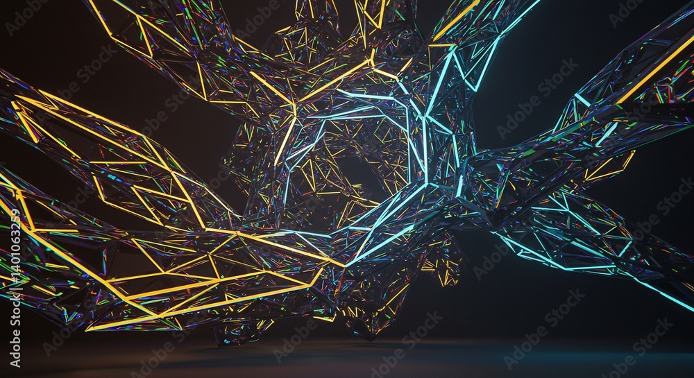Poster abstract futuristic 3d digital art. the image depicts a complex network of interconnected glowing li