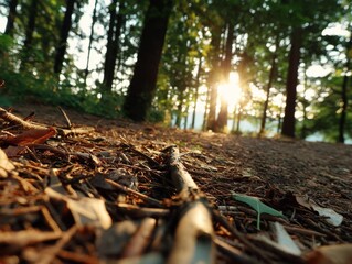 Fototapeta premium Golden Hour Sunlight in a Tranquil Forest Path Nature Photography Peaceful Environment Low Angle View
