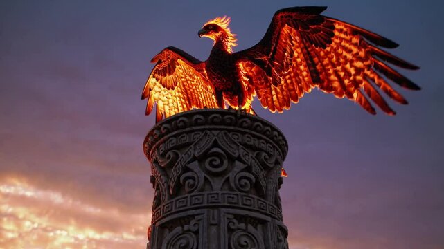 Mythical phoenix perched atop a tower, radiant symbol of rebirth and fire
