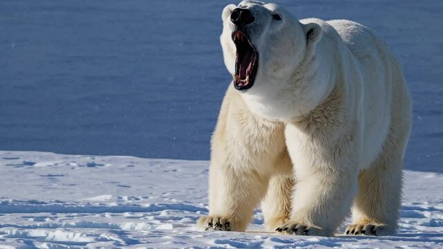 Angry and anxious polar bear on melting ice floe, climate change and wildlife distress concept