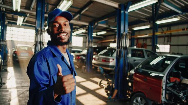Friendly Black car mechanic smiling and giving thumbs up in auto workshop